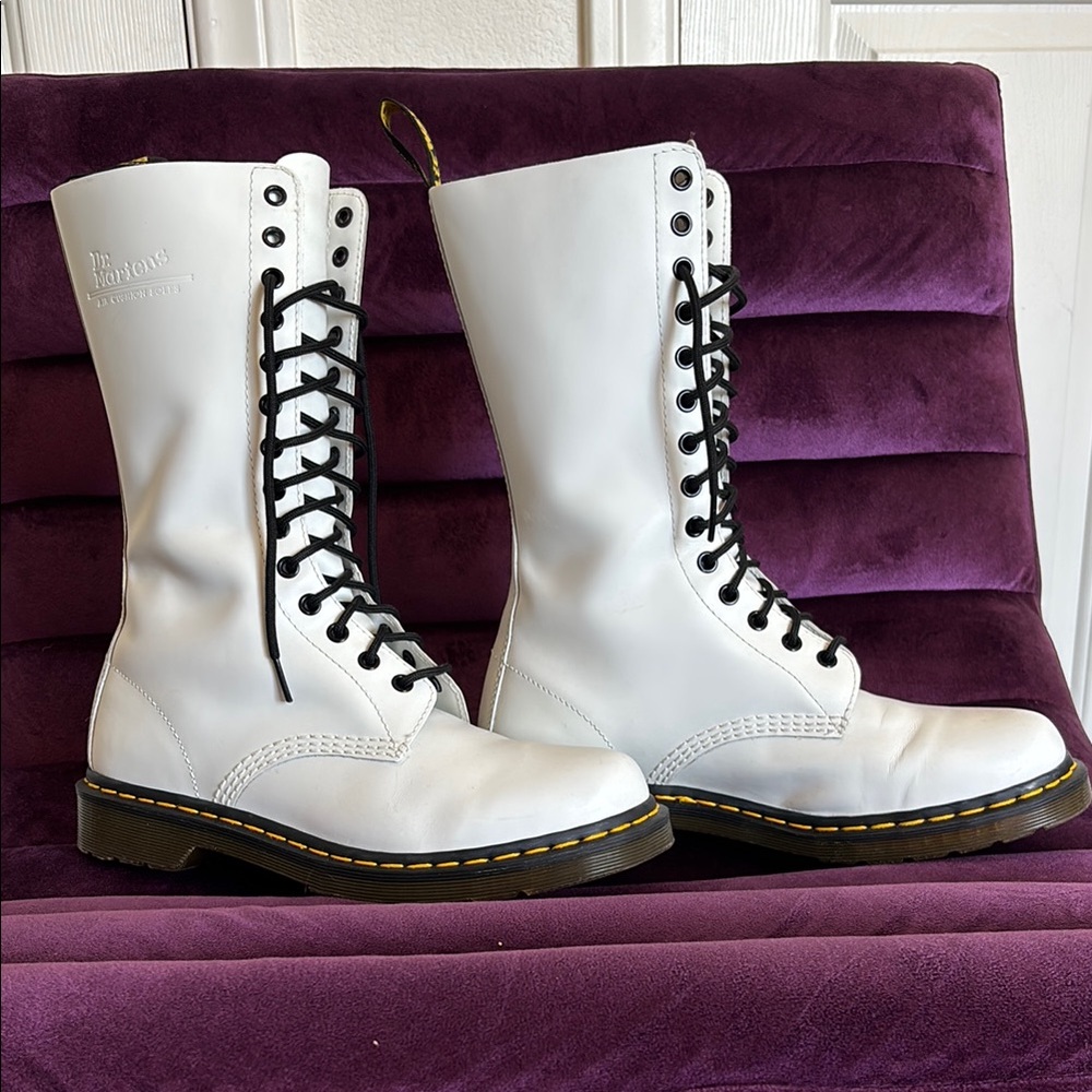 Dr. Martens White Leather 14-Eye Lace-Up Combat Boots with Black Laces